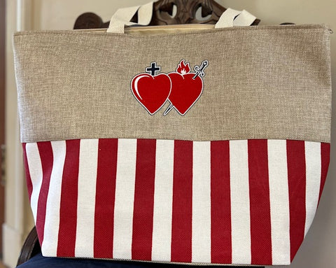 Totes - Burlap top with embroidered heart logo and striped bottom